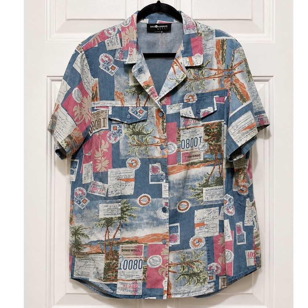Sag Harbor Sport Womens Travel Postcard Tropical Print Button Up Shirt Blue XL